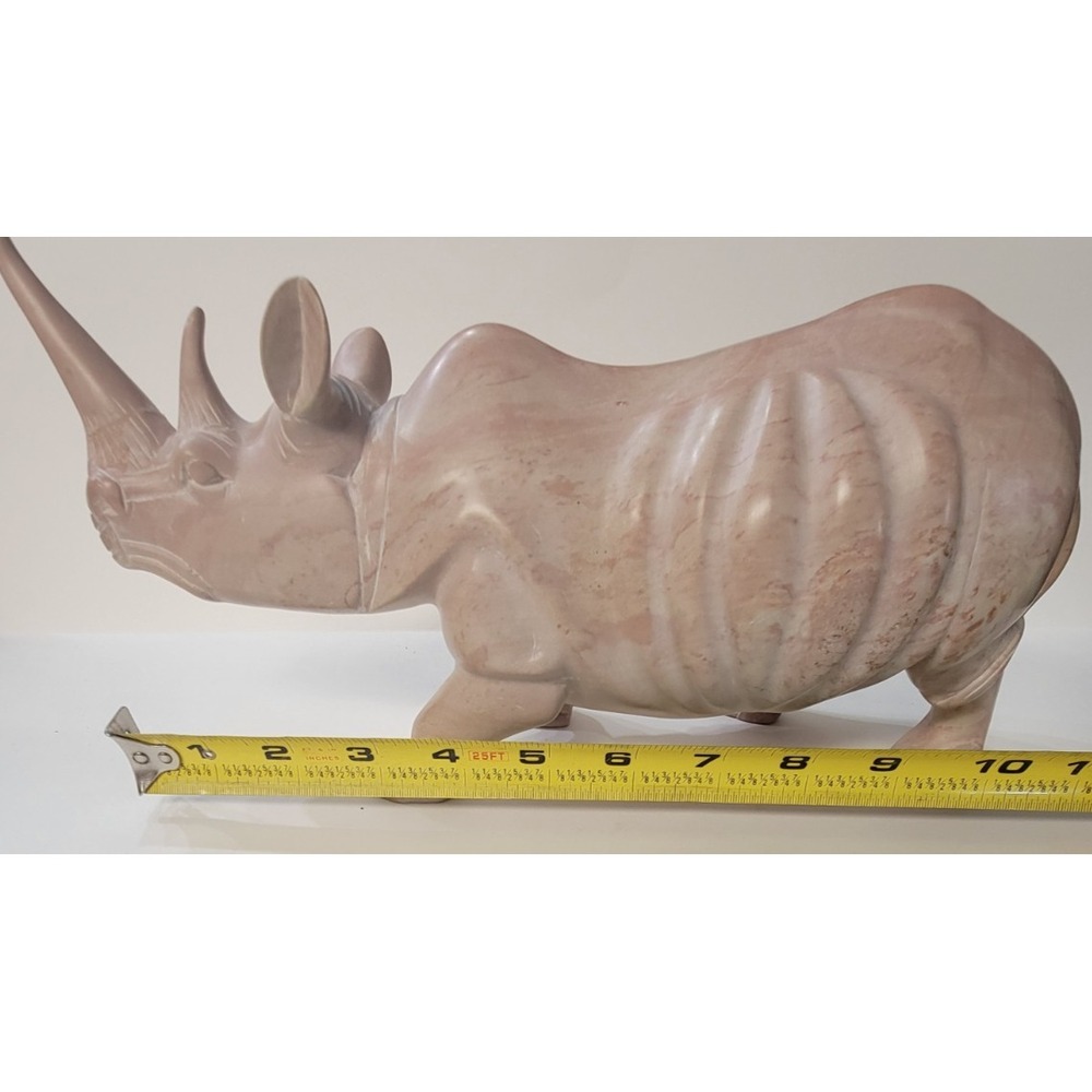 Vintage Stone Hand Carved Rhino Rhinoceros Signed Pink Marbled Figurine Art
